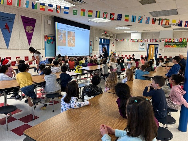 Students learning about POG Reflection in Cafeteria